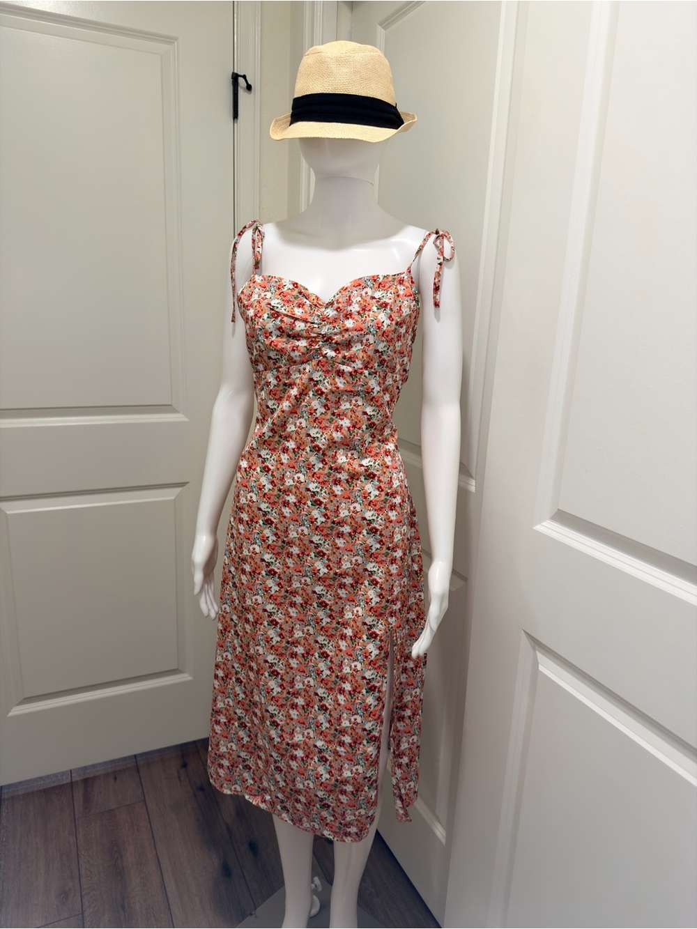 Floral Tie-Shoulder Midi Dress in Coral